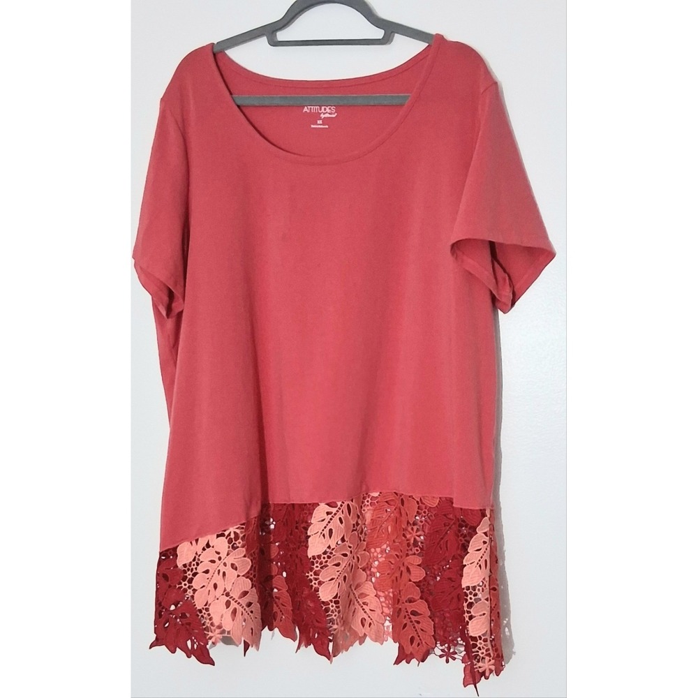 Attitudes by Renee Blouse* Size 2X Orange Washed Cotton Tropical Lace Top